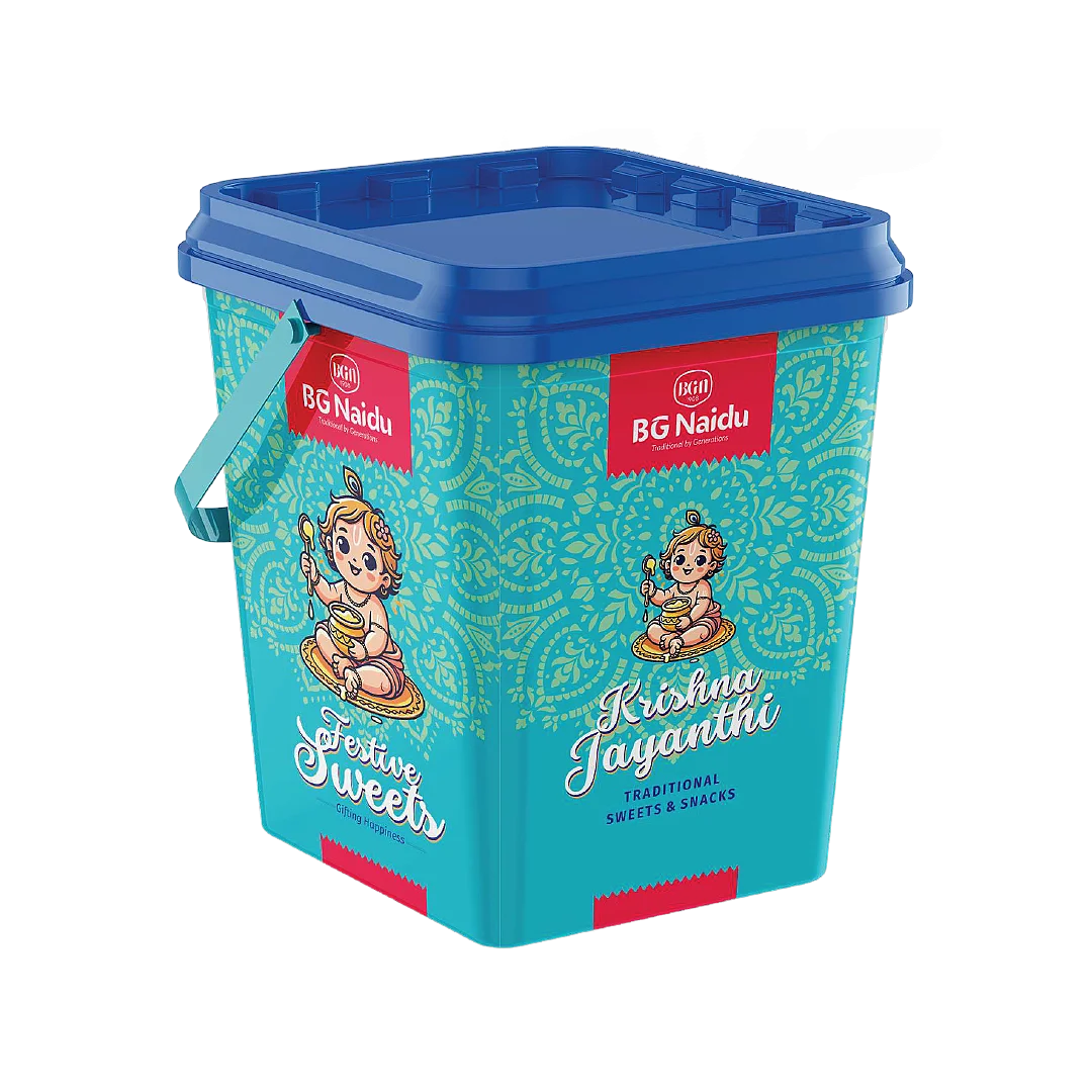 BG Naidu Krishna Jayanthi Special Gift Bucket with traditional sweets and snacks including Seedai, Adhirasam, Murukku, Thattai, Kadalai Urundai and Pori Urundai